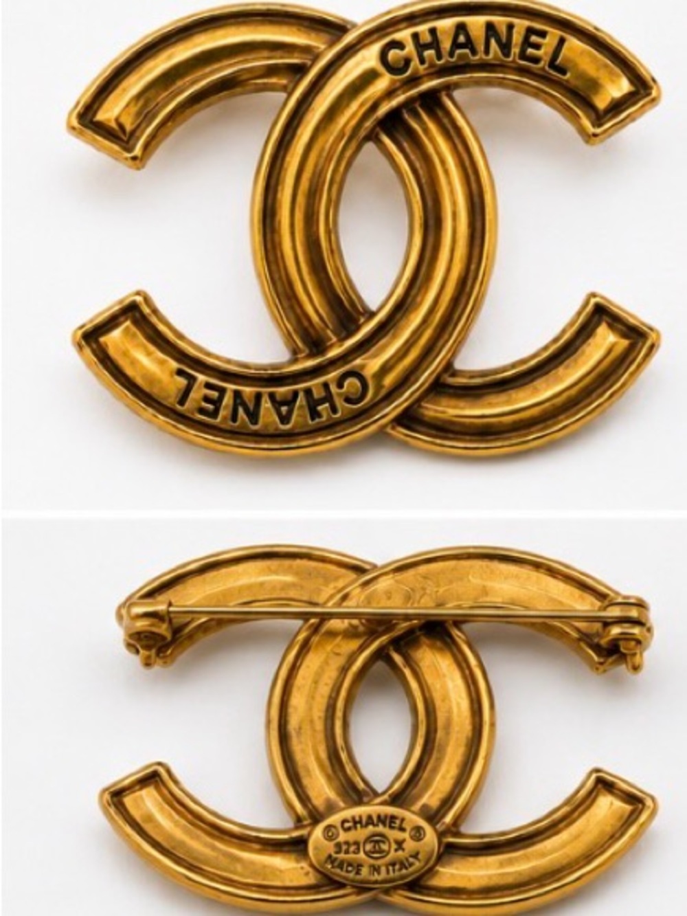 Authentic CHANEL Gold-Tone Interlocking CC Logo Brooch made in Italy